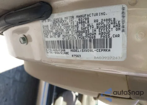 2000 Toyota Camry Le z USA, uszkodzony, nr VIN 4T1BG22K1YU677668